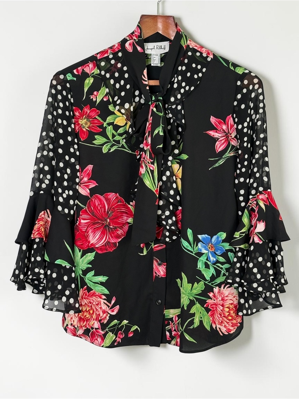Joseph Ribkoff Mixed Media Floral Polka Dot Ruffle Tie Neck Blouse Size 8 - Picture 7 of 14
